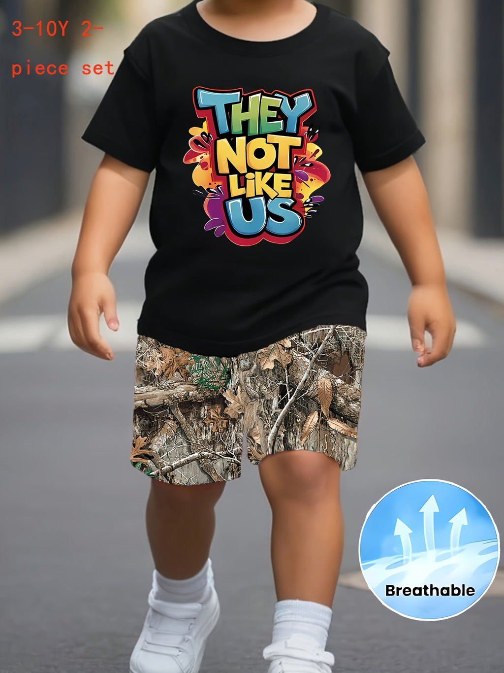 Kids' Graphic T-Shirt and Splatter Print Shorts Set with Colorful They Not Like Us Lettering for Summer