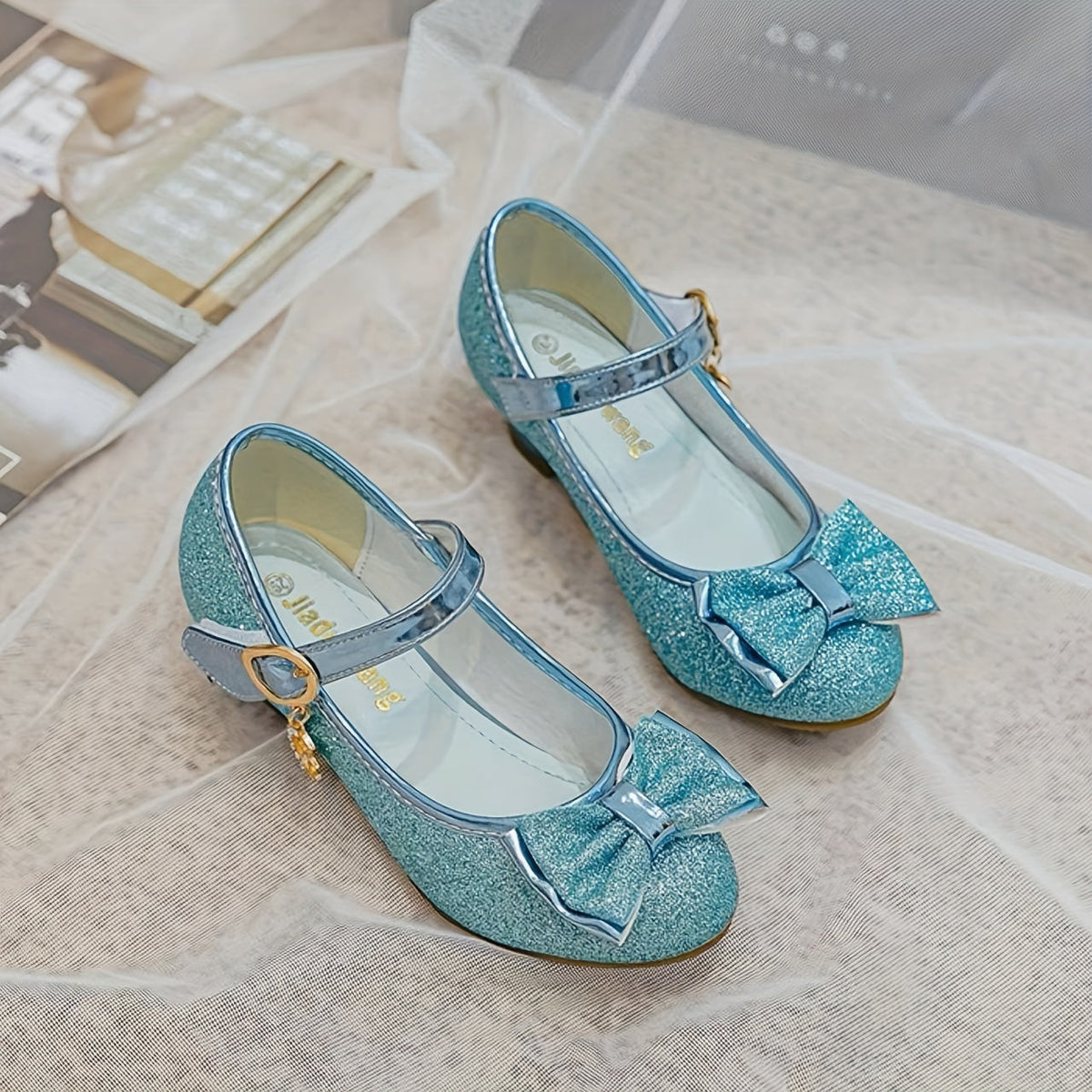 Glitter Mary Jane Shoes for Girls with Bow Fronts and Low Block Heels in Blue or Purple for Dressy Outfits