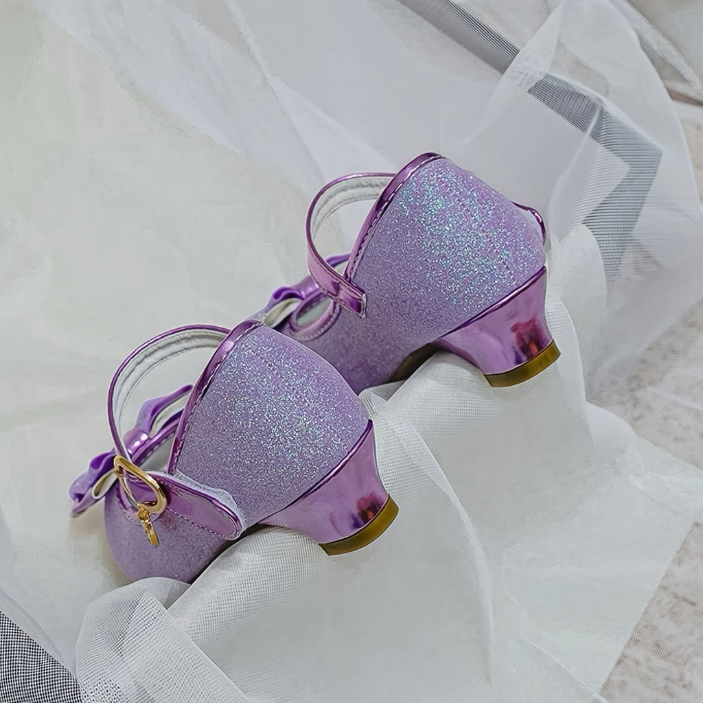 Glitter Mary Jane Shoes for Girls with Bow Fronts and Low Block Heels in Blue or Purple for Dressy Outfits