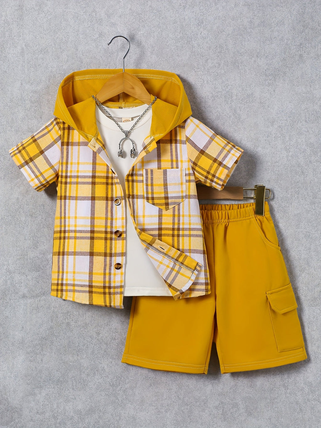 Kids' Hooded Shorts Set with a Short Sleeve Plaid Button Shirt and Matching Cargo Style Shorts