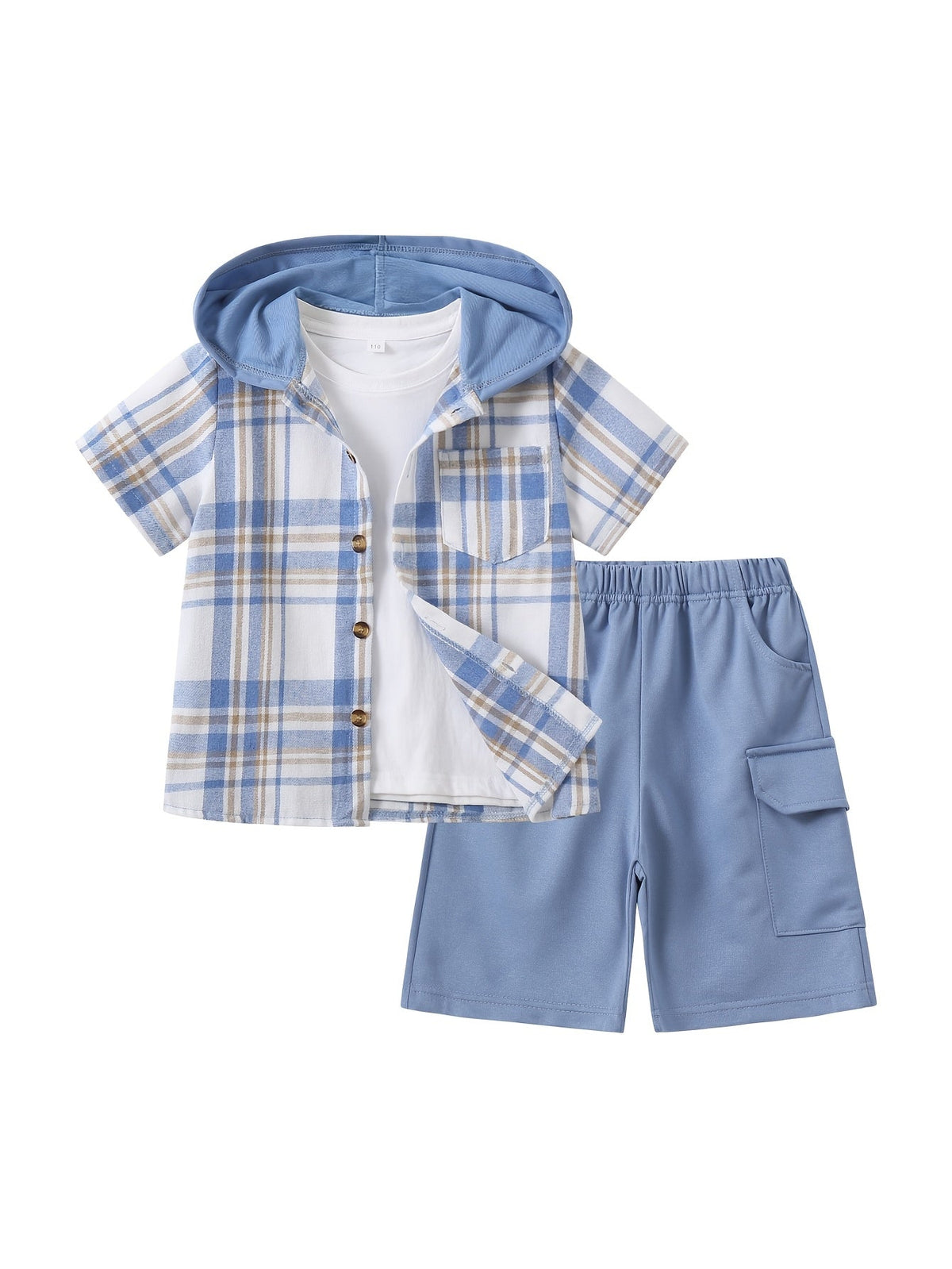 Kids' Hooded Shorts Set with a Short Sleeve Plaid Button Shirt and Matching Cargo Style Shorts