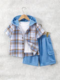Kids' Hooded Shorts Set with a Short Sleeve Plaid Button Shirt and Matching Cargo Style Shorts