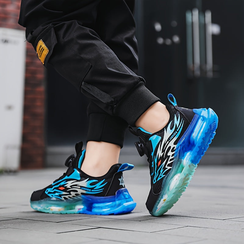 Kids' Dragon Graphic Sneakers with Rotary Dial Closures and Blue Gradient Soles for Everyday Outfits