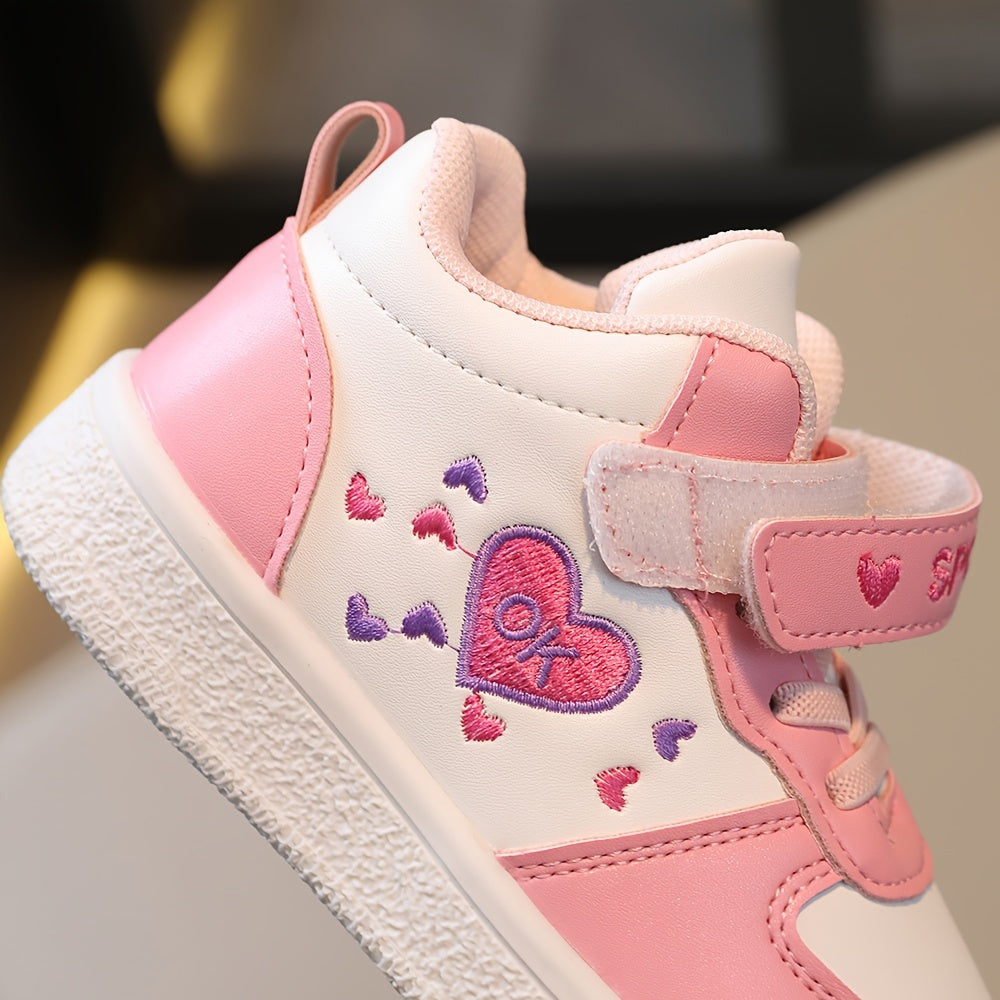 Kids' Strap Fastening Sneakers in T-525 Solid and T-529 Heart Print Styles with Contrasting Soles