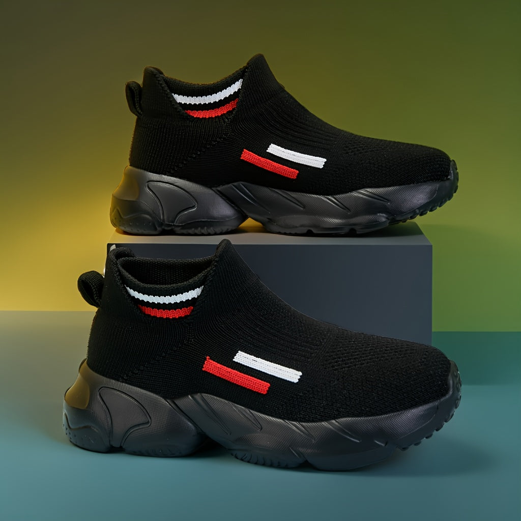 Kids' Slip-On Sneakers in Black Knit with Sock Cuffs and Striped Pull Tabs for Everyday Casual Outfits