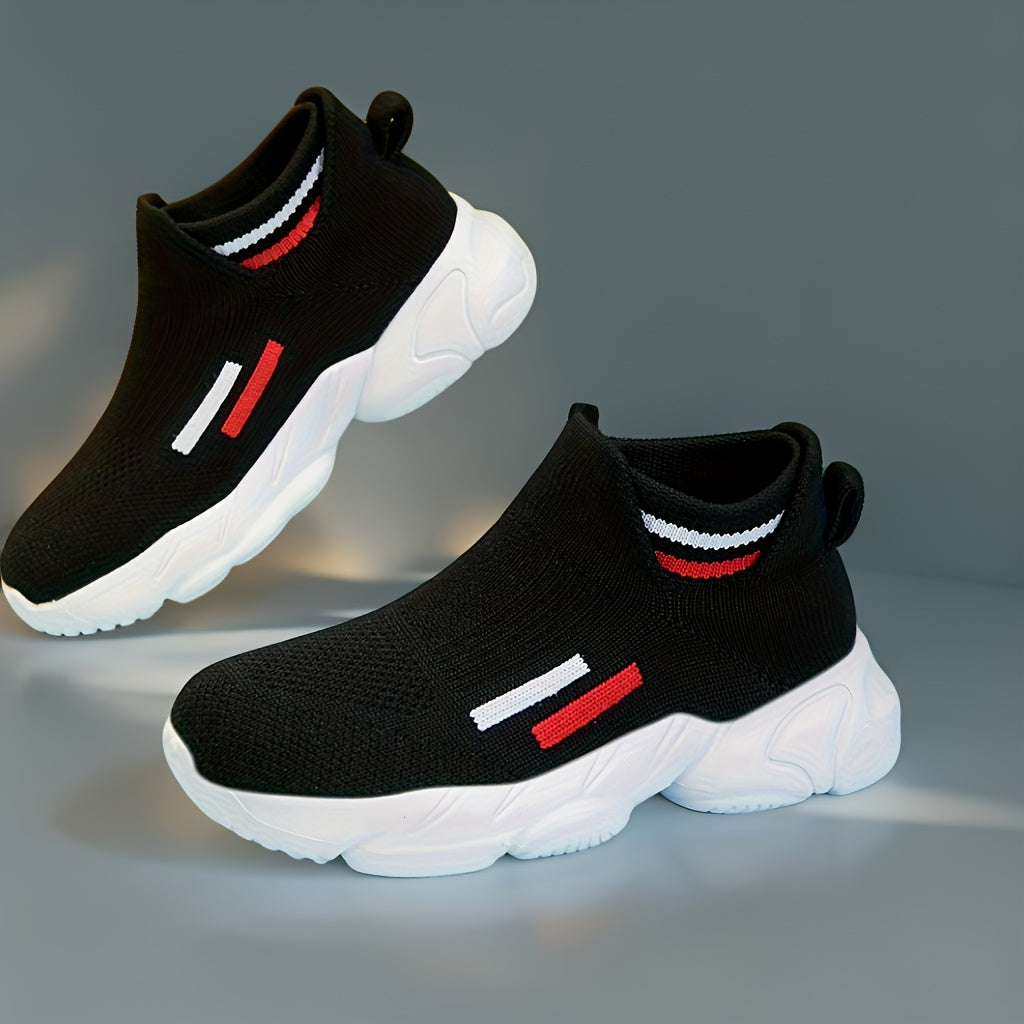 Kids' Slip-On Sneakers in Black Knit with Sock Cuffs and Striped Pull Tabs for Everyday Casual Outfits