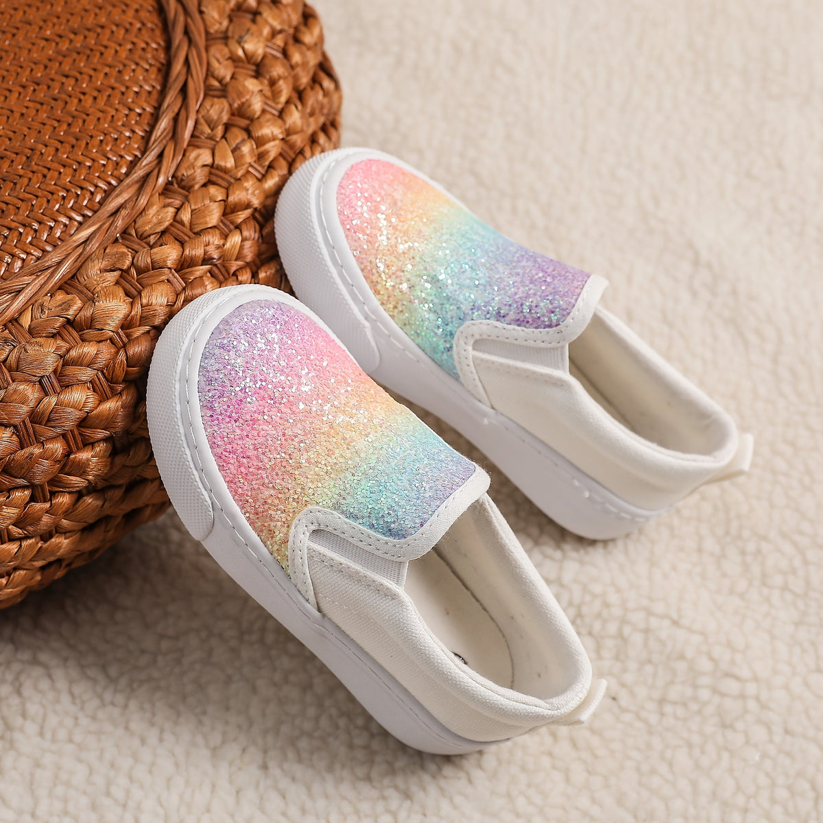 Kids' Rainbow Gradient Slip-On Sneakers with Glitter Front Panels and White Soles for Colorful Outfits
