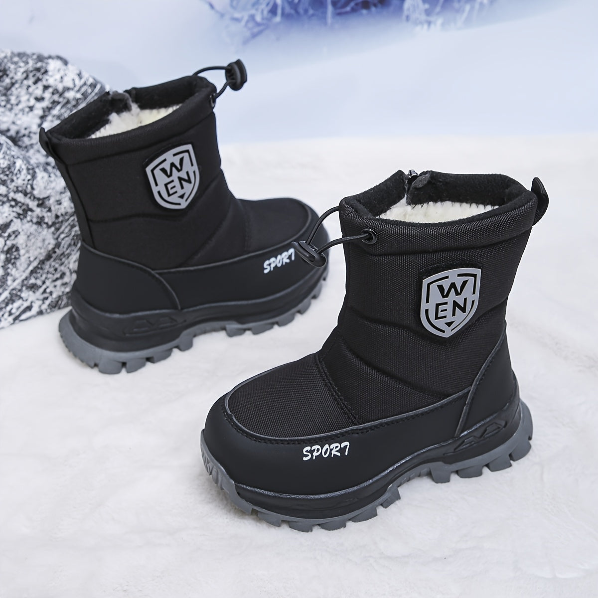 Kids' Fleece-Lined Winter Boots with Front Zippers and Drawstring Cuffs in Black or Green for Cold Days