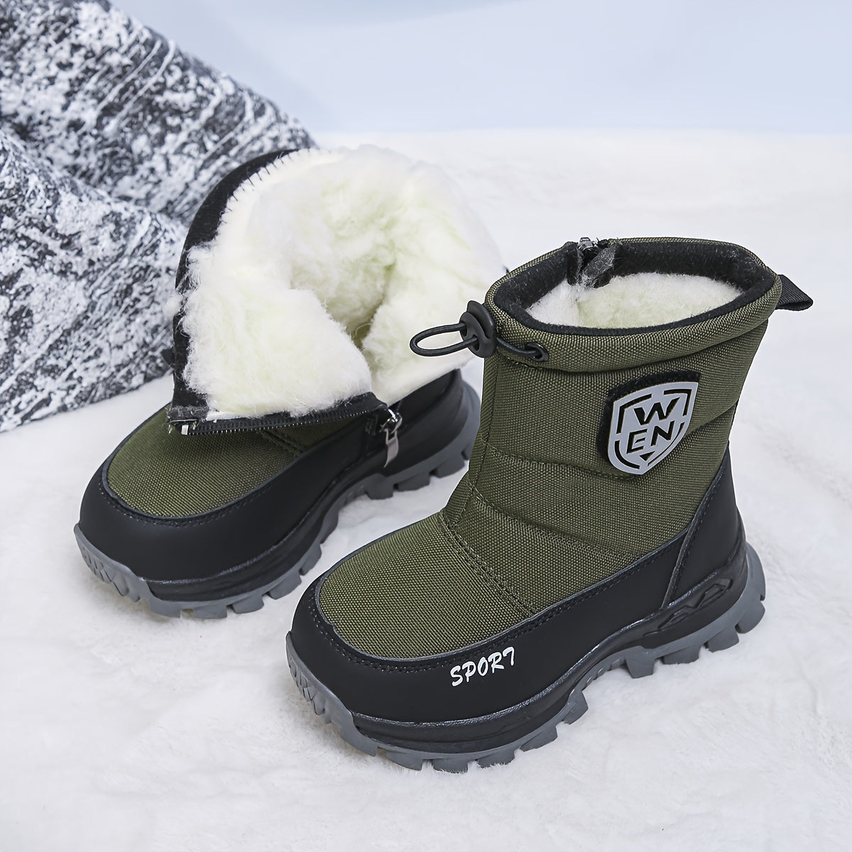 Kids' Fleece-Lined Winter Boots with Front Zippers and Drawstring Cuffs in Black or Green for Cold Days