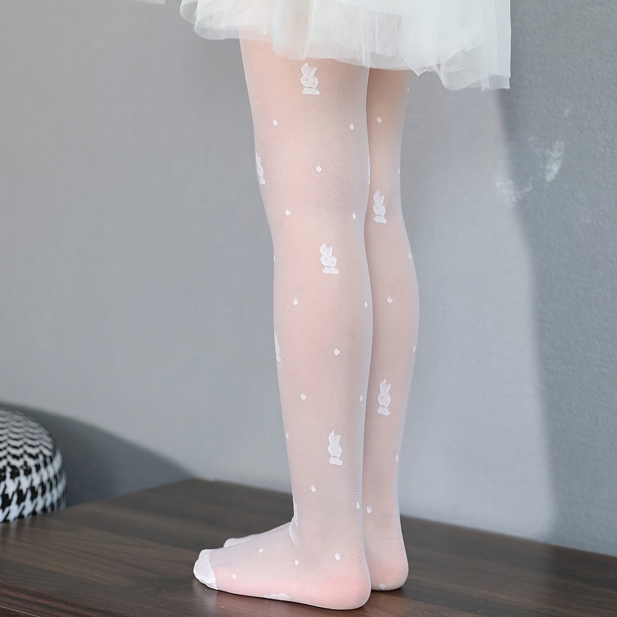 Girls' Bunny Mesh Tights Four Pair Pack in Black, White, Beige and Pink for Dresses and Everyday Layering