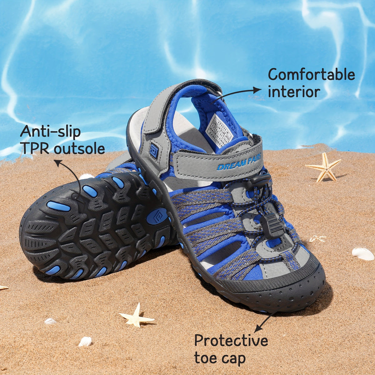 Kids' Closed-Toe Sport Sandals with Bungee Laces and Adjustable Ankle Straps for Summer Outdoor Play