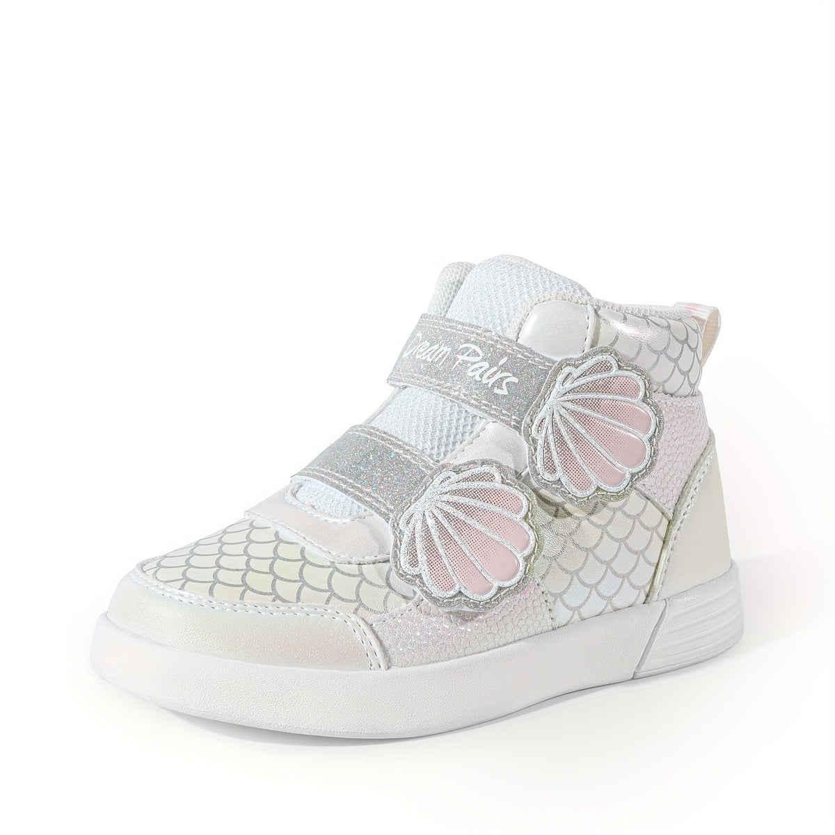 Girls' Mermaid High Top Sneakers with Glitter Panels and Shell Strap Details for Playful Outfits