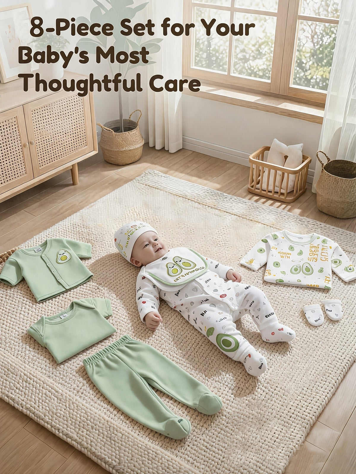 Baby Outfit Set in Green and White with Avocado Prints and Eight Coordinated Pieces for Daily Changes