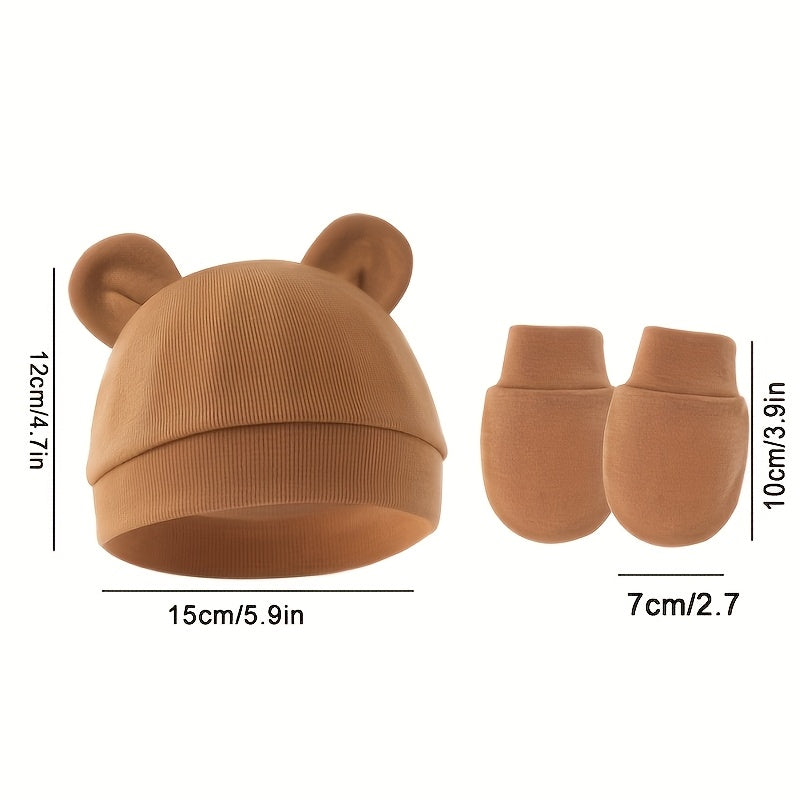 Newborn Hat and Mitten Sets with Bear Ear Details in Coordinating Solid Colors for Everyday Baby Outfits