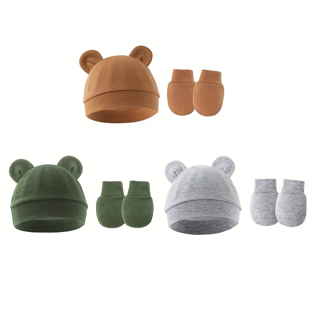 Newborn Hat and Mitten Sets with Bear Ear Details in Coordinating Solid Colors for Everyday Baby Outfits