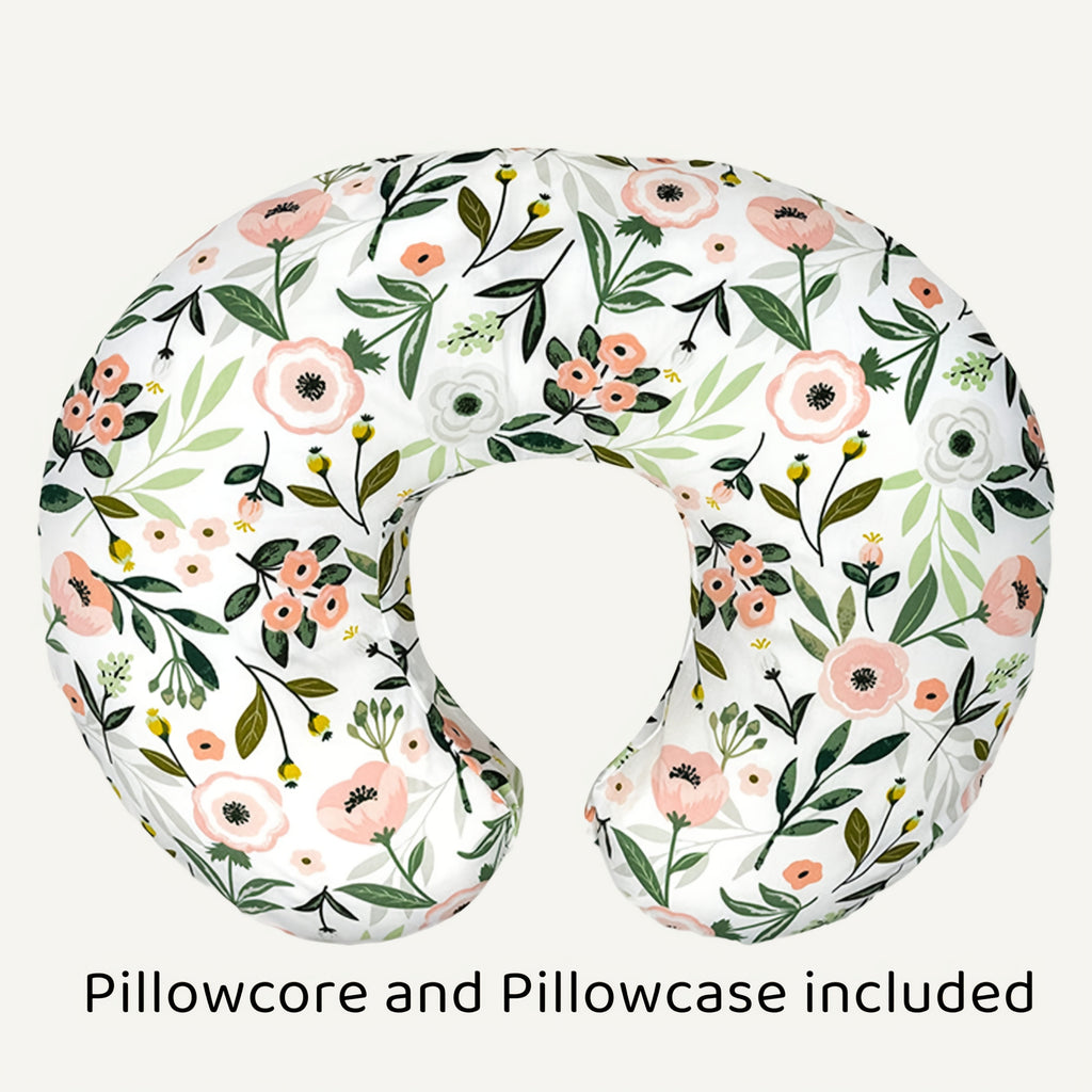 C-Shaped Nursing Pillow with a Removable Printed Cover for Supporting the Arms During Seated Feeding