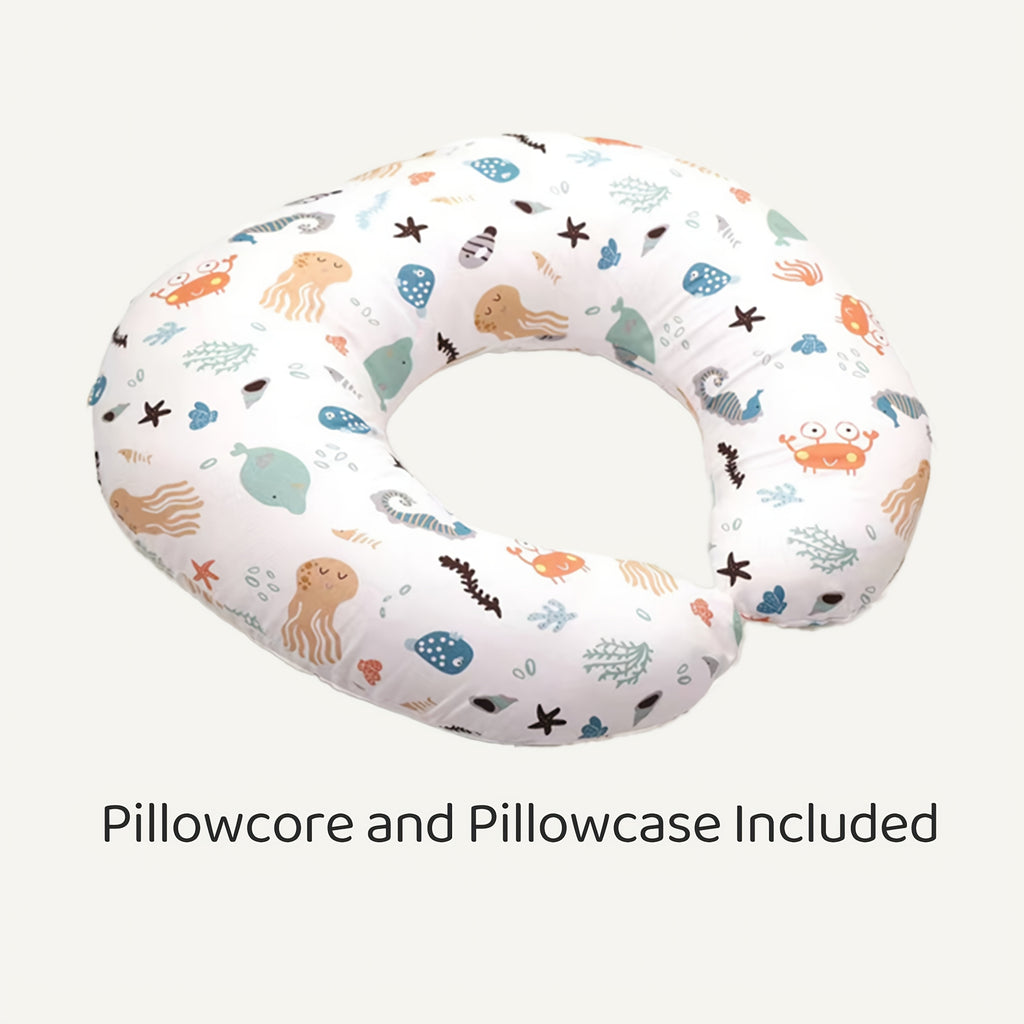 C-Shaped Nursing Pillow with a Removable Printed Cover for Supporting the Arms During Seated Feeding