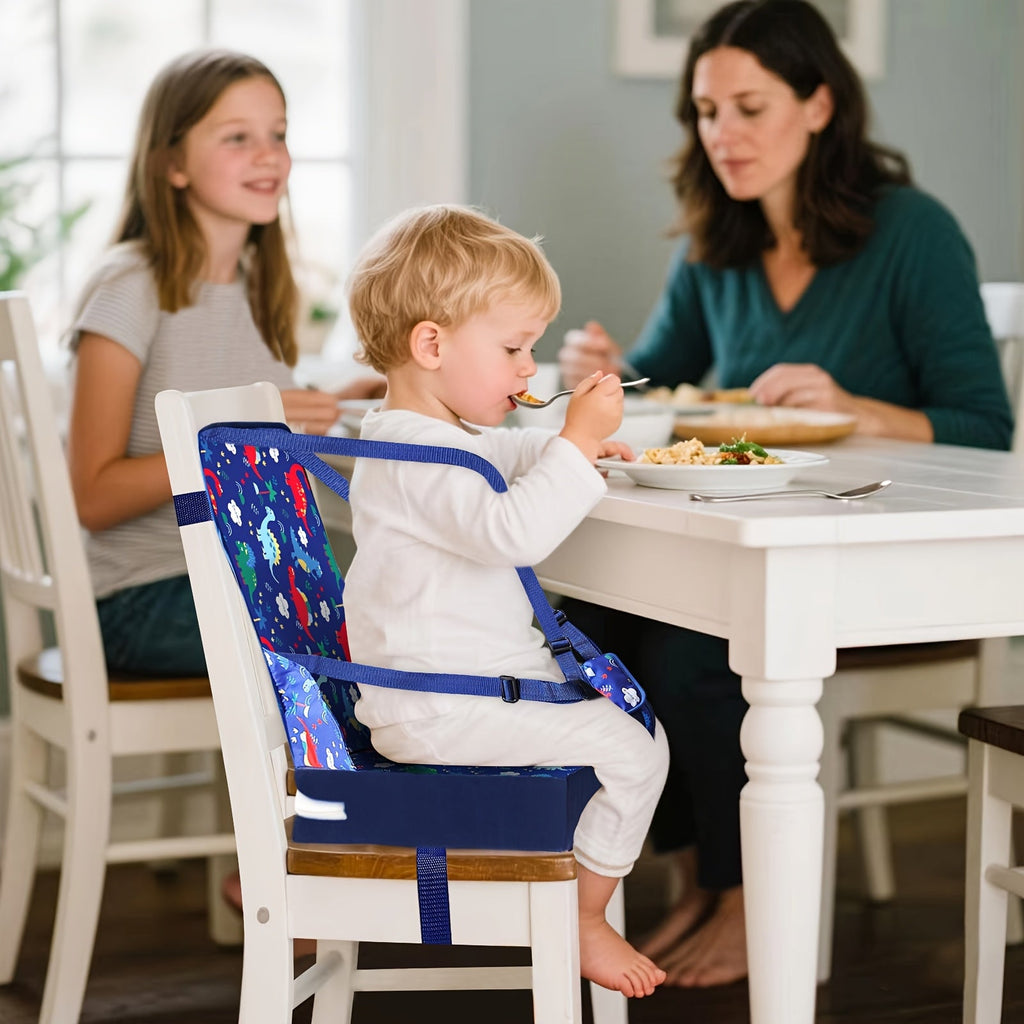 Dining Booster Seat Cushion with an Attached Back Pad and Adjustable Straps in Playful Printed Designs