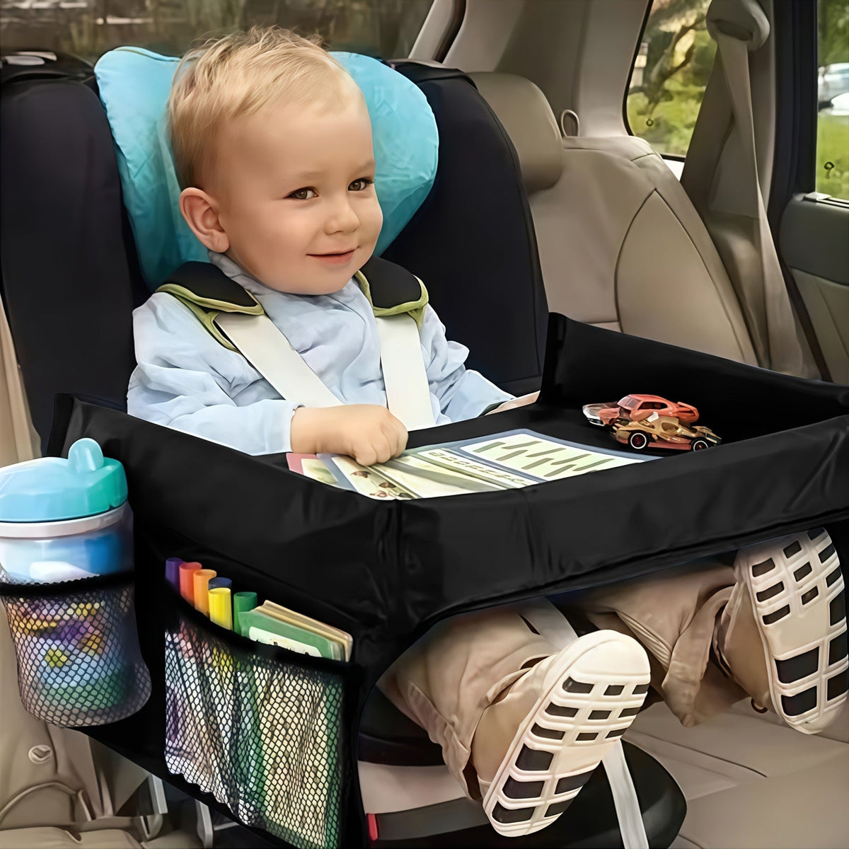 Kids Travel Tray with Raised Edges and Mesh Storage Pockets for Drawing and Small Activities on Car Trips