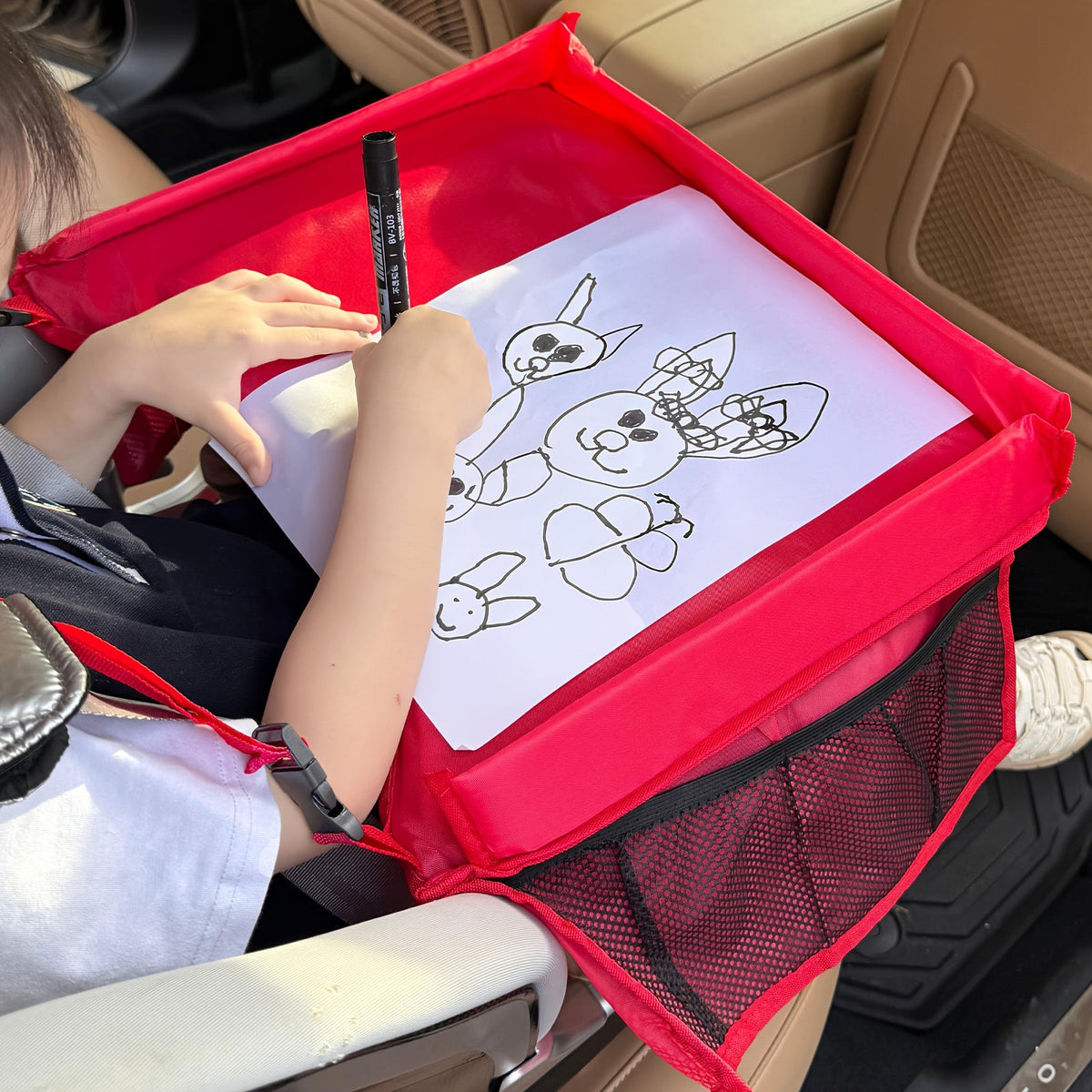 Kids Travel Tray with Raised Edges and Mesh Storage Pockets for Drawing and Small Activities on Car Trips