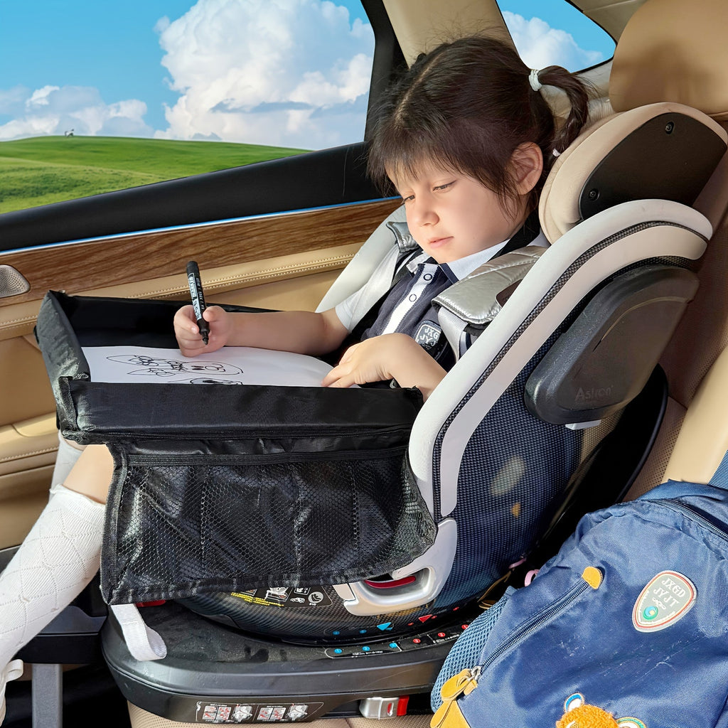 Kids Travel Tray with Raised Edges and Mesh Storage Pockets for Drawing and Small Activities on Car Trips