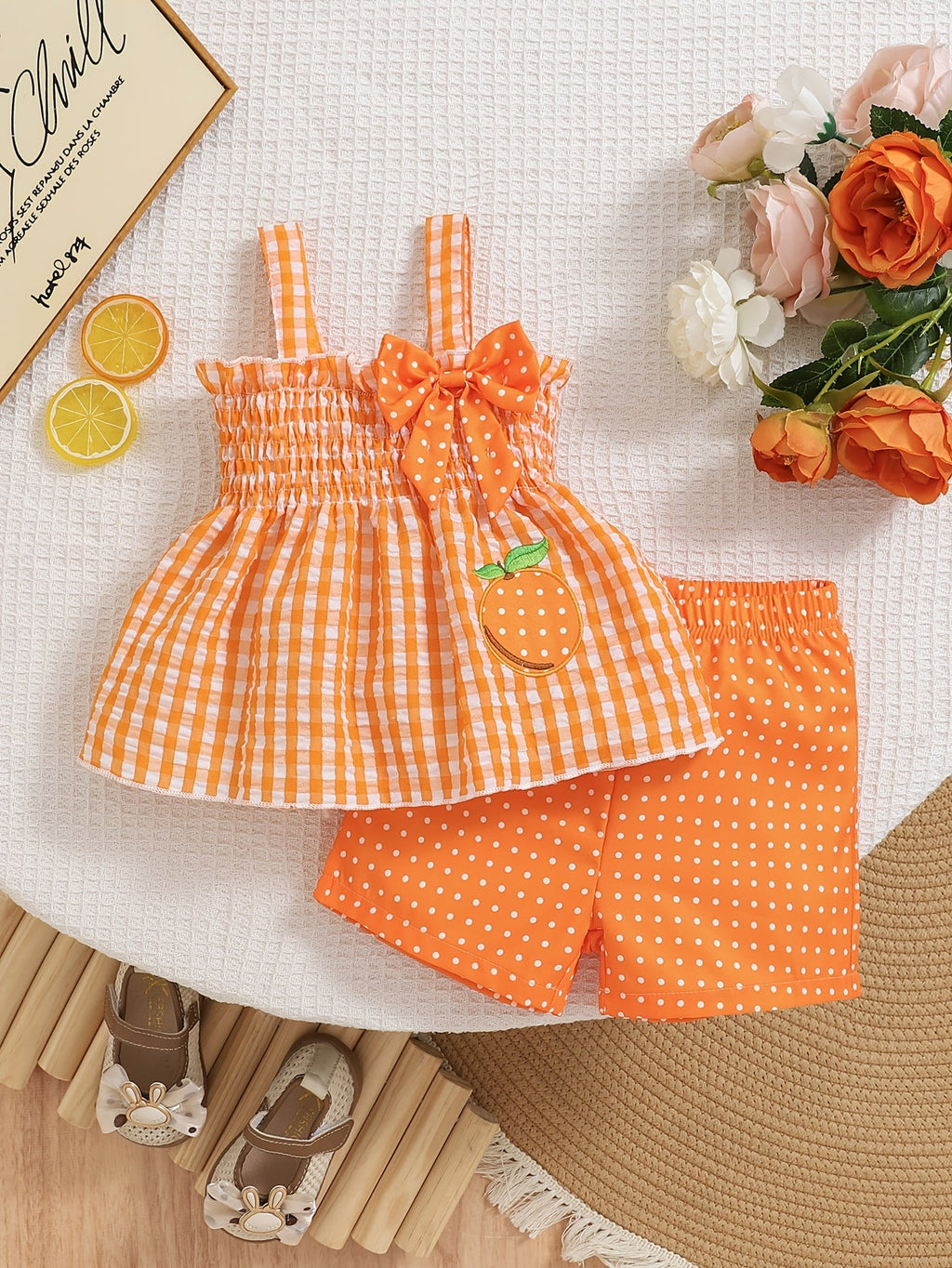 Toddler Girls Shorts Set in Red Gingham with a Strawberry Top and Matching Polka Dot Bottoms