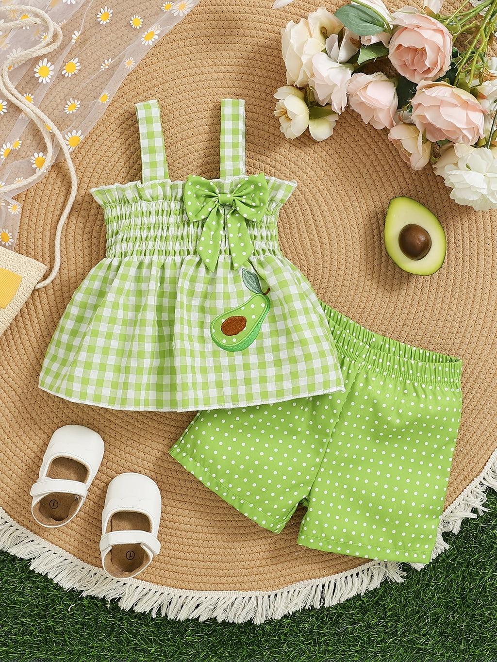 Toddler Girls Shorts Set in Red Gingham with a Strawberry Top and Matching Polka Dot Bottoms