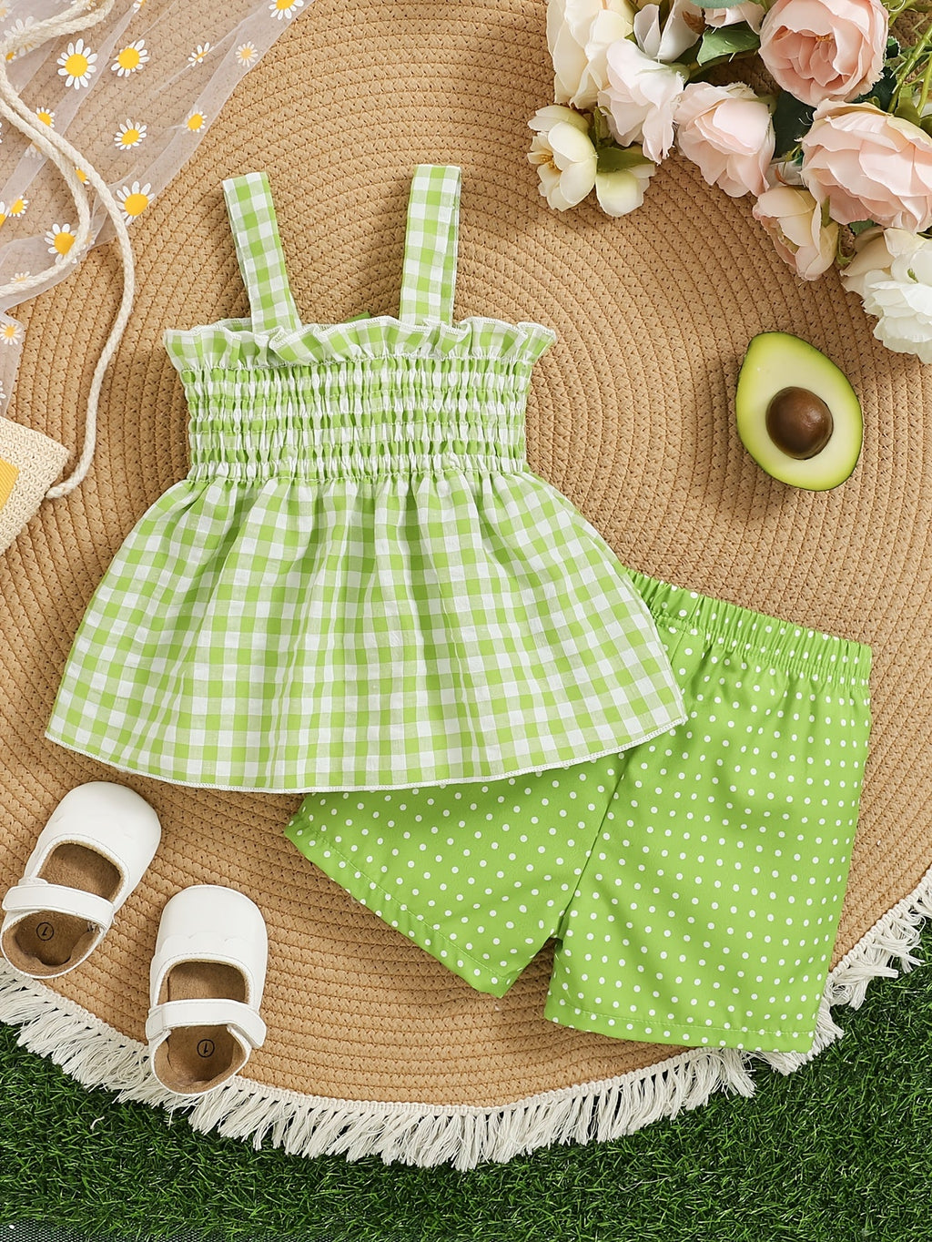 Toddler Girls Shorts Set in Red Gingham with a Strawberry Top and Matching Polka Dot Bottoms