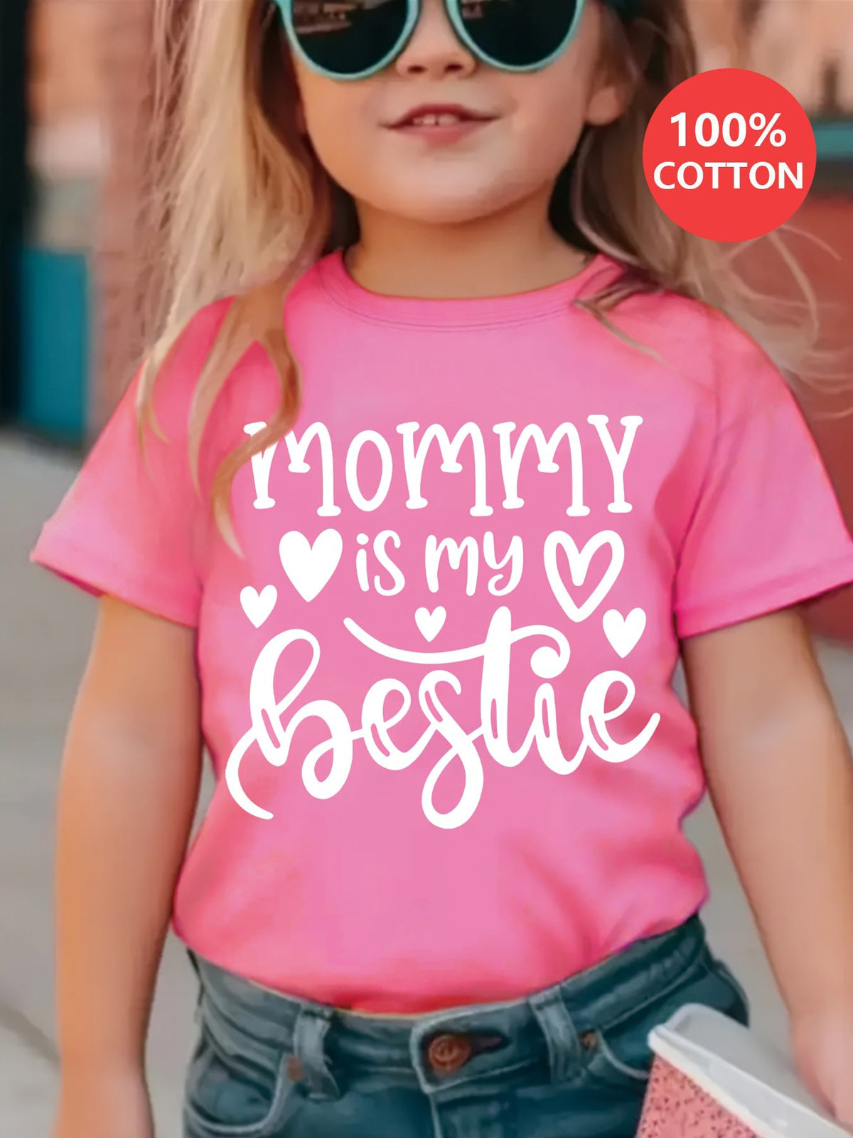 Girls' Mommy Is My Bestie Graphic T-Shirt in Rose Red Cotton with White Heart Lettering and Short Sleeves