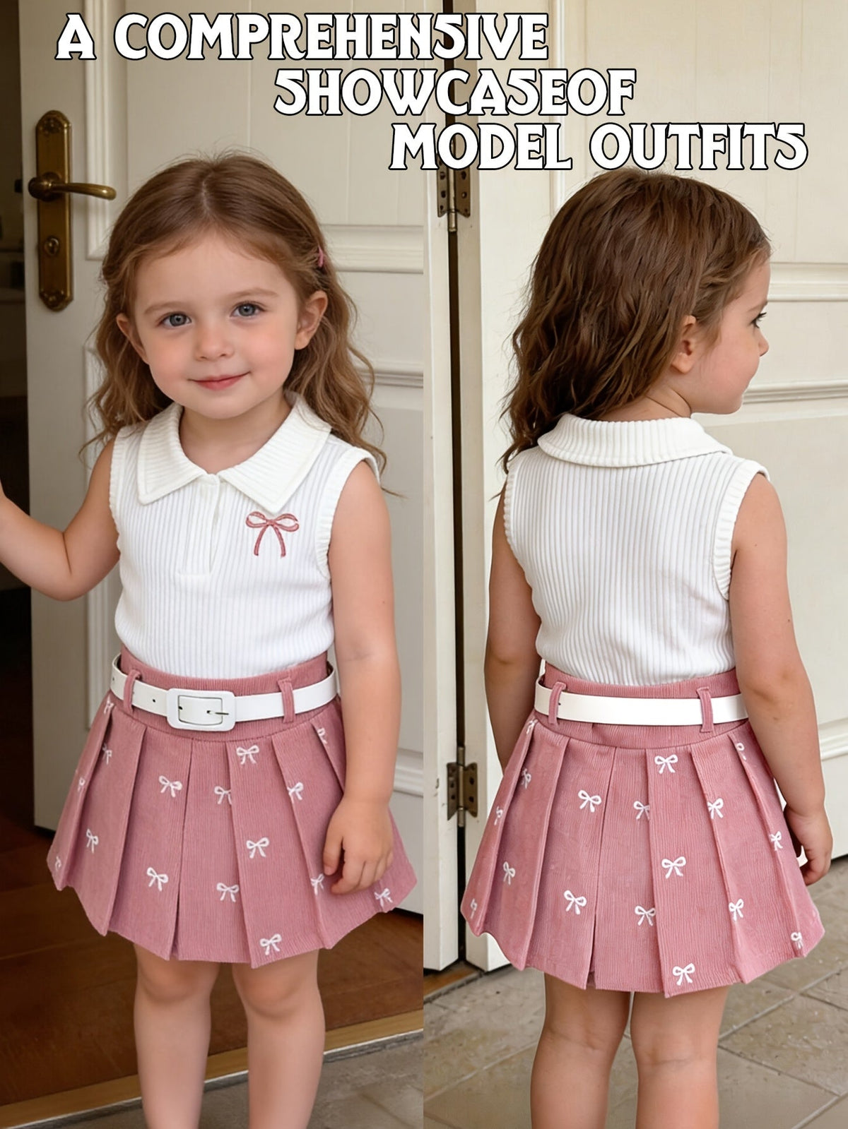 Toddler Girls' Skirt Outfit with a White Collared Bow Top and Pink Pleated Skirt, Including a Belt