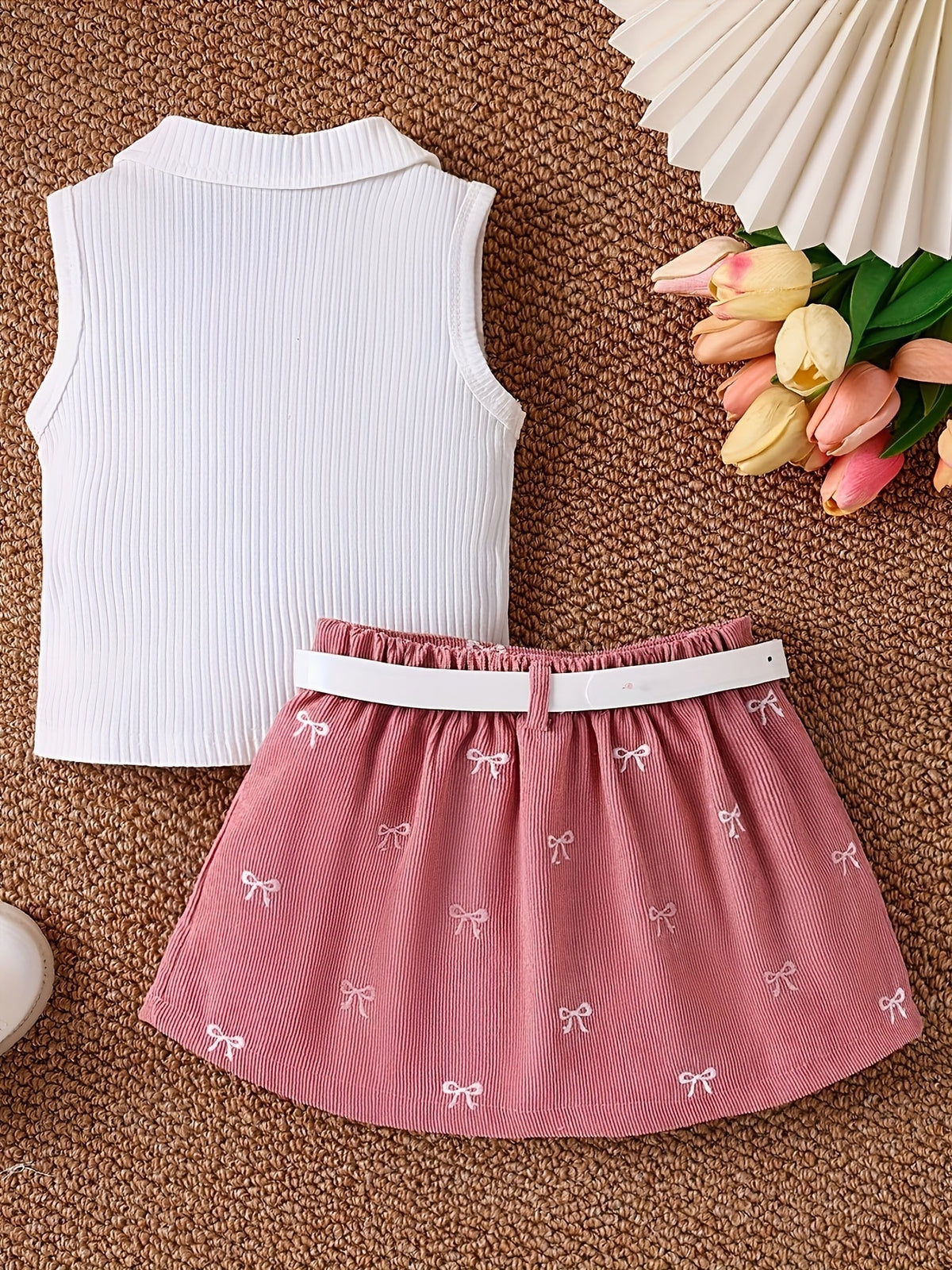 Toddler Girls' Skirt Outfit with a White Collared Bow Top and Pink Pleated Skirt, Including a Belt