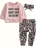Baby Girls' Three-Piece Outfit Set with a Pink Slogan Top and Leopard Print Pants for Casual Daywear