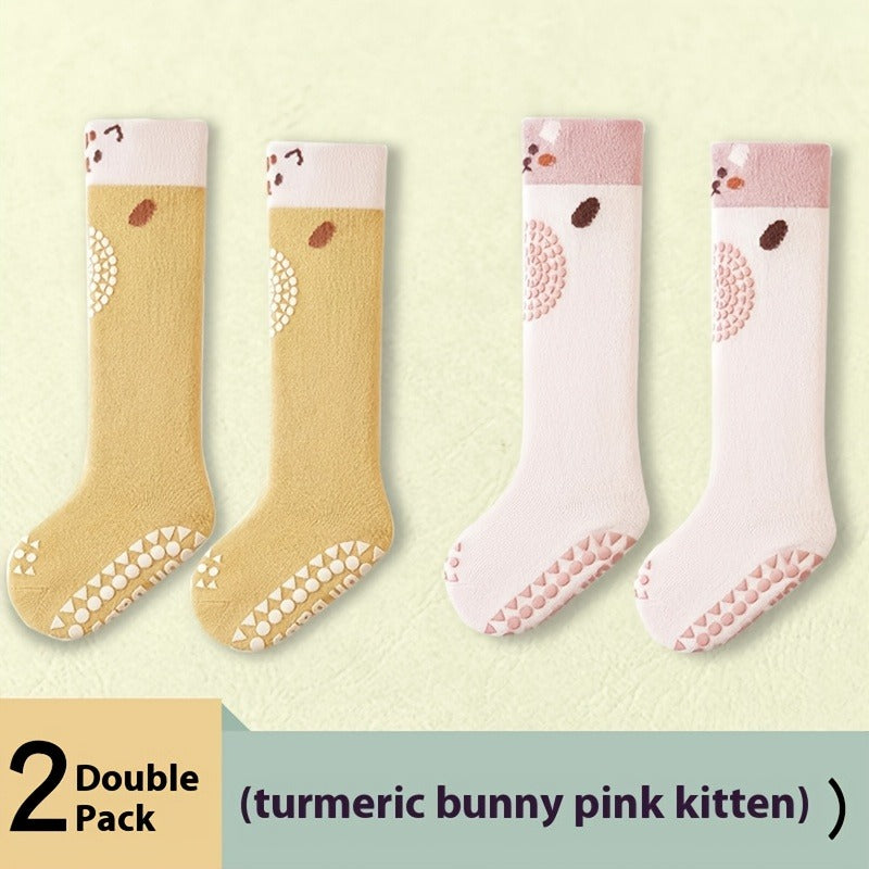 Baby Knee High Socks in Two Pair Animal Sets with Grippy Soles and Knit Legs for Everyday Little Outfits
