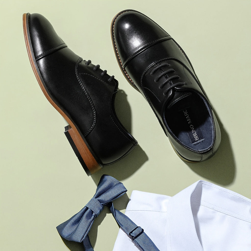 Boys' Cap Toe Oxford Shoes with Smooth Synthetic Leather Uppers and Low Heels for Formal Outfits