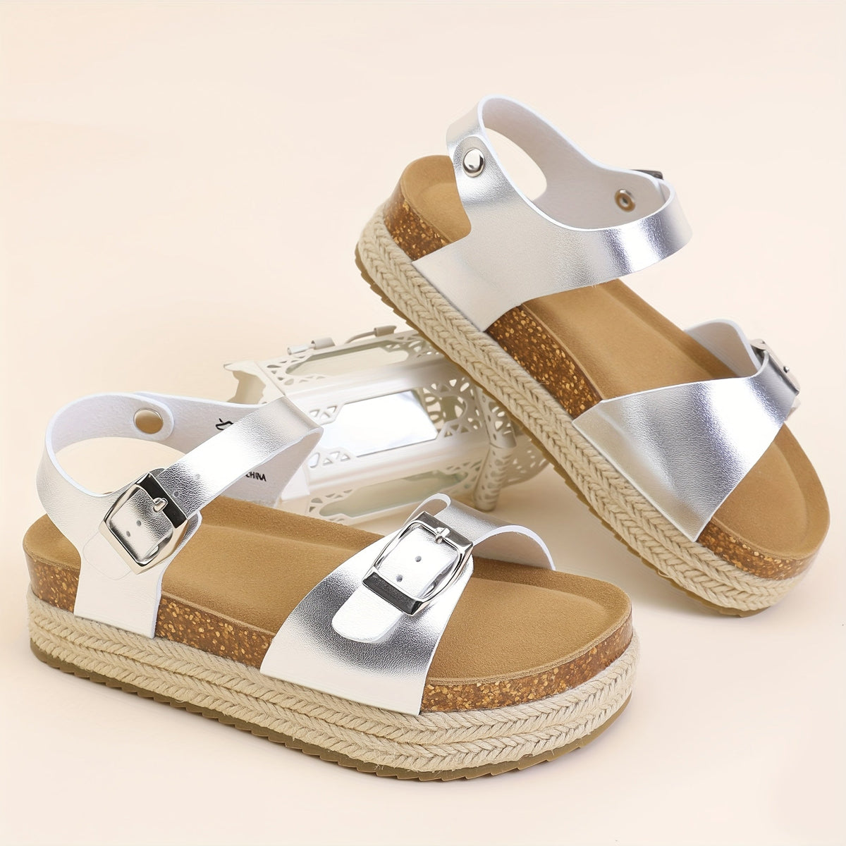 Kids' Buckle Sandals with Rear Straps and Contoured Footbeds in White, Black or Silver for Summer Outfits