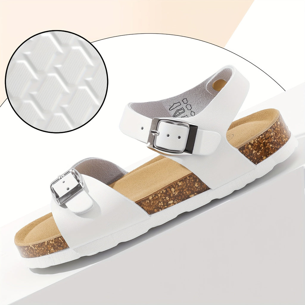 Kids' Buckle Sandals with Rear Straps and Contoured Footbeds in White, Black or Silver for Summer Outfits