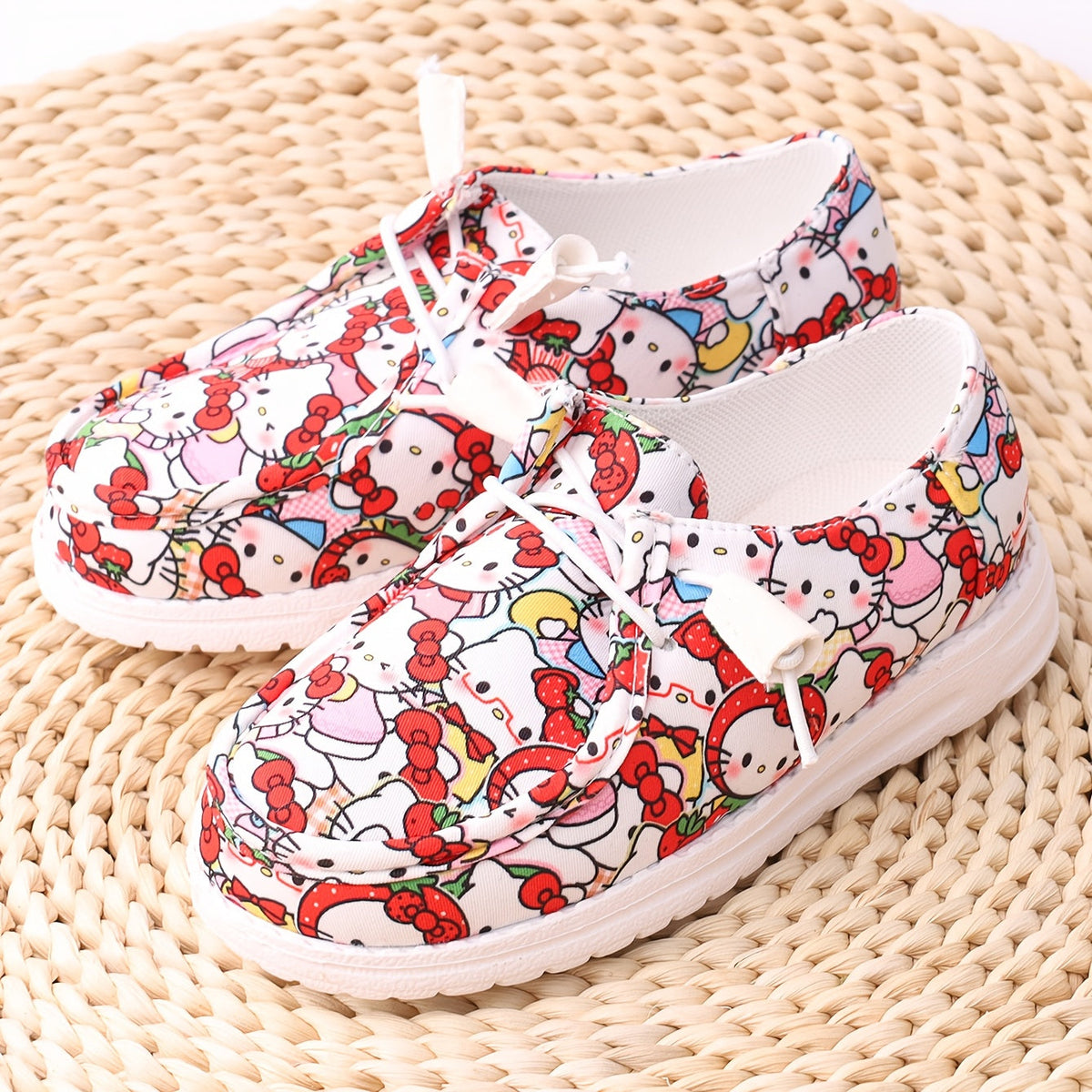 Kids' Cartoon Cat Casual Sneakers with Red Bow Prints and White Soles for Playful Everyday Outfits
